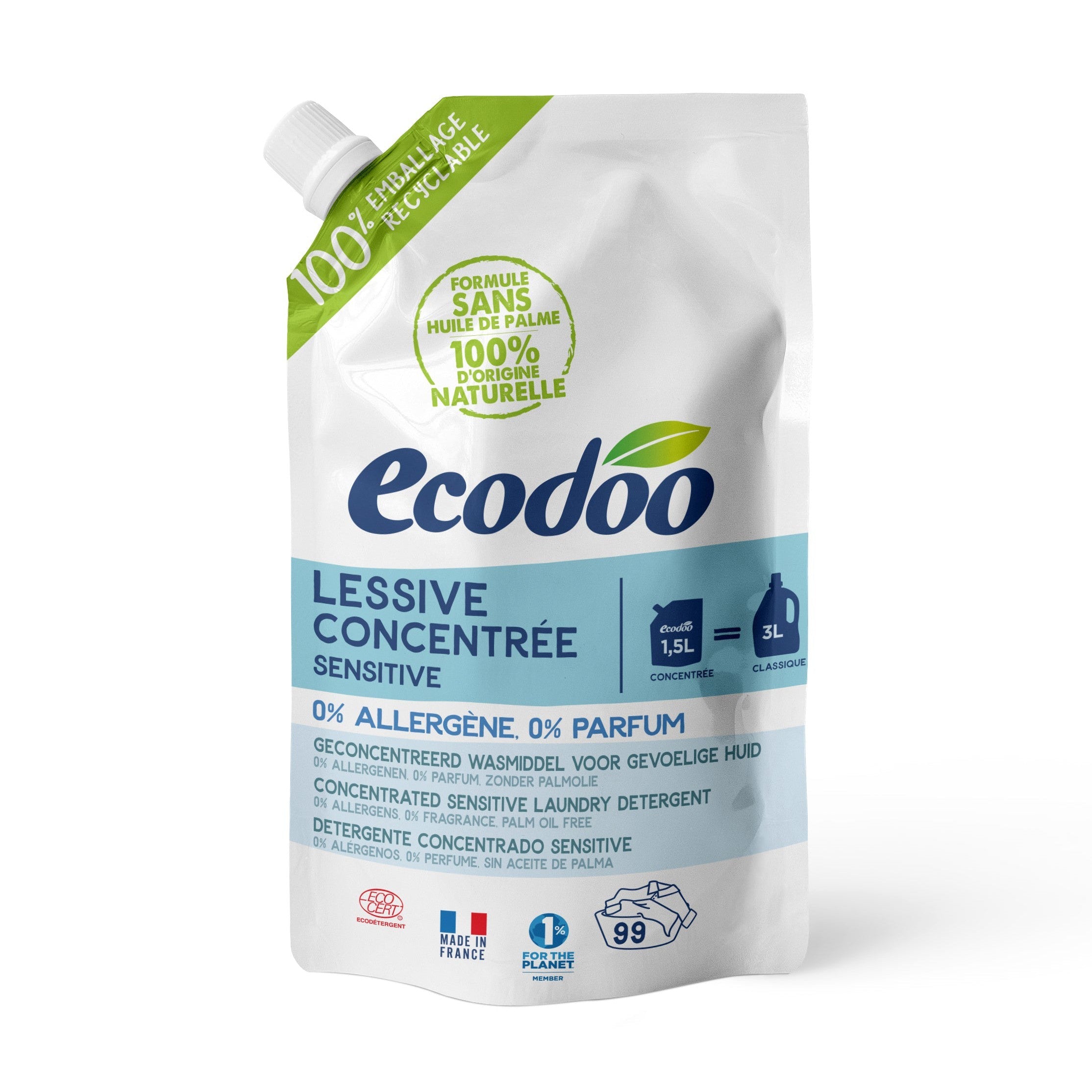 Ecodoo hajusteeton pyykinpesuaine Sensitiv, täyttöpussi