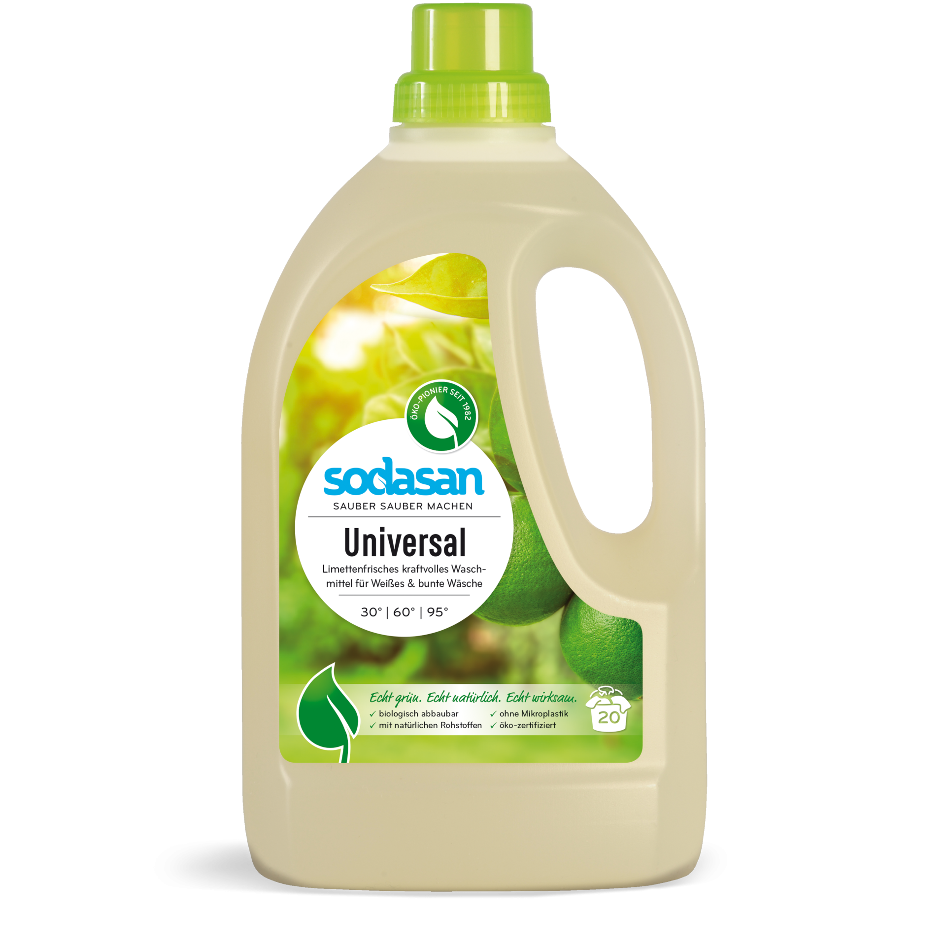 Sodasan pyykinpesuaine Universal Lime, valko- ja kirjopyykille, 1500 ml